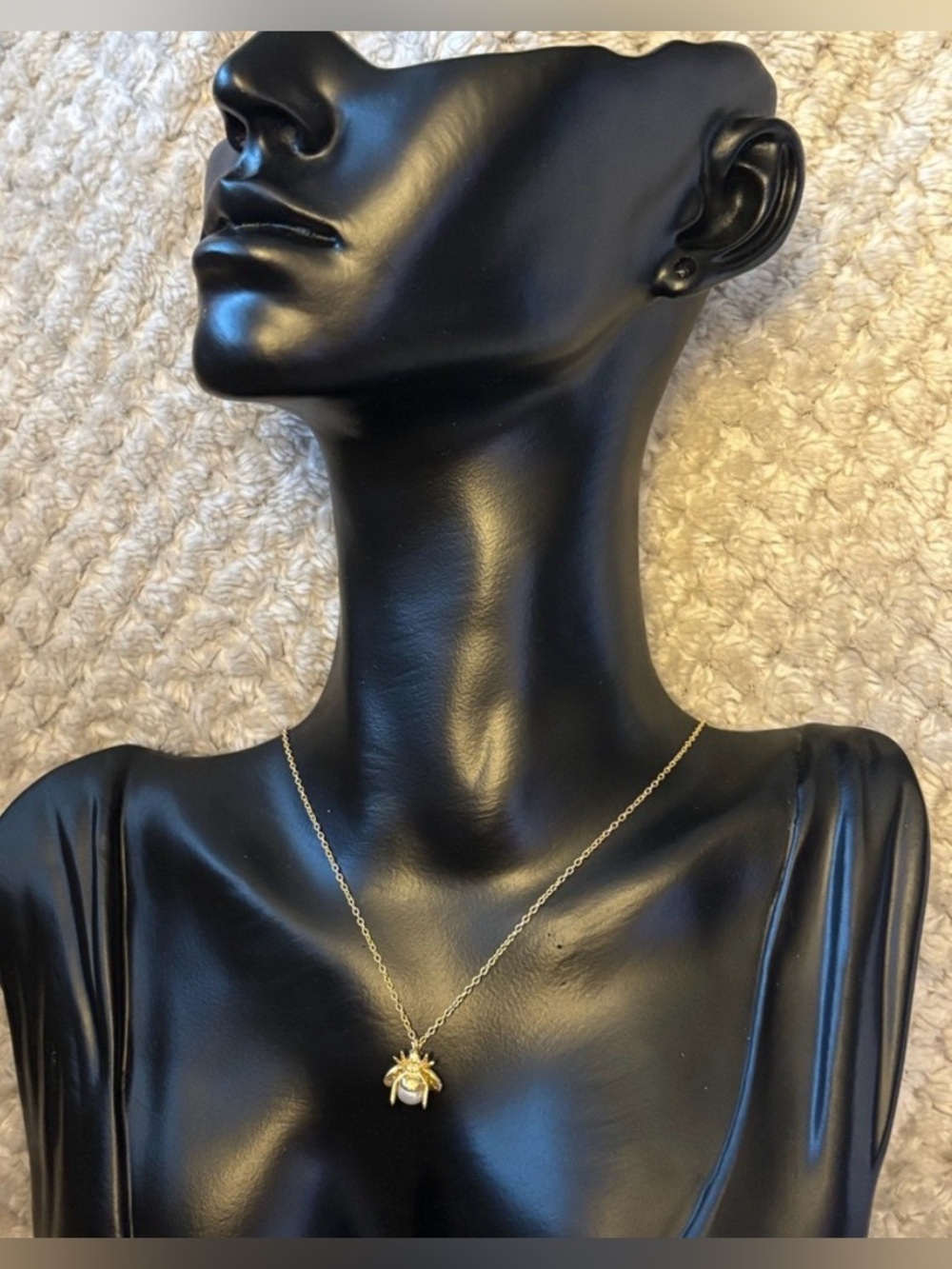 Dainty, Miniature Gold Bee Pendant Necklace, Rhinestone & Pearl, 15.5"-18"